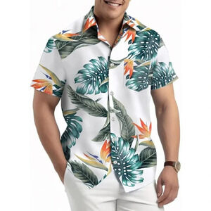 ❤️Men White Short Sleeve Button Down Casual Beach  Tropical Holiday Shirts